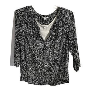 Croft & Barrow Sz M Black White Floral Print Sheer Blouse With White Tank Top